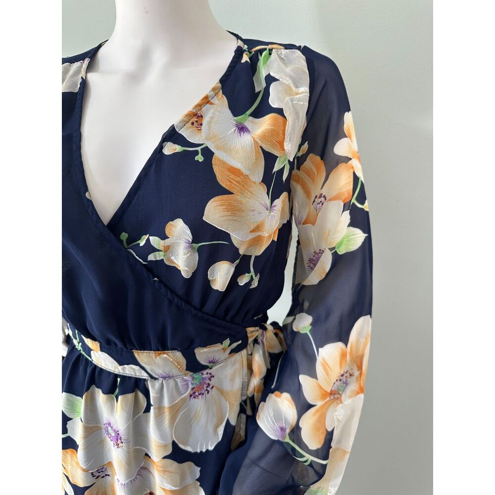 Dress Forum Floral Wrap Maxi Dress Navy Blue Sheer Long Sleeve Chiffon size S - Picture 7 of 9